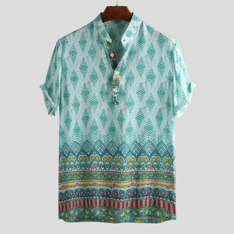 shopping חולצות וסוודרים Mens Breathable Ethnic Printed Short Sleeve Henley Shirts