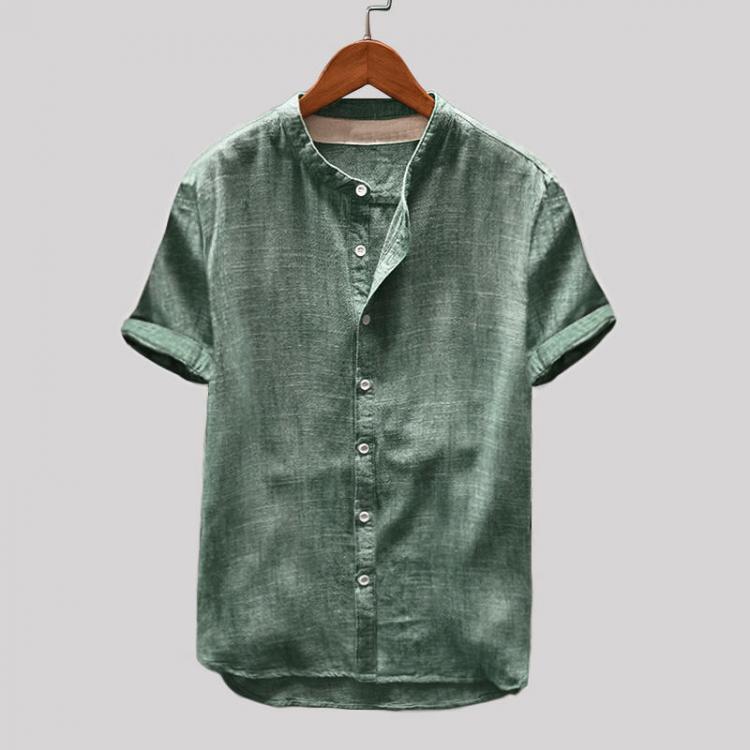 shopping חולצות וסוודרים Mens Vintage Solid Color Single-breasted Stand Collar Short Sleeve Loose Casual Shirts