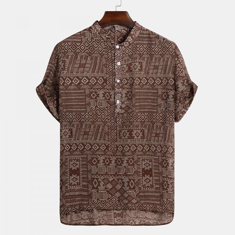 shopping חולצות וסוודרים Mens Abstract Printing Ethnic Style Short Sleeve Loose Casual Henley Shirts