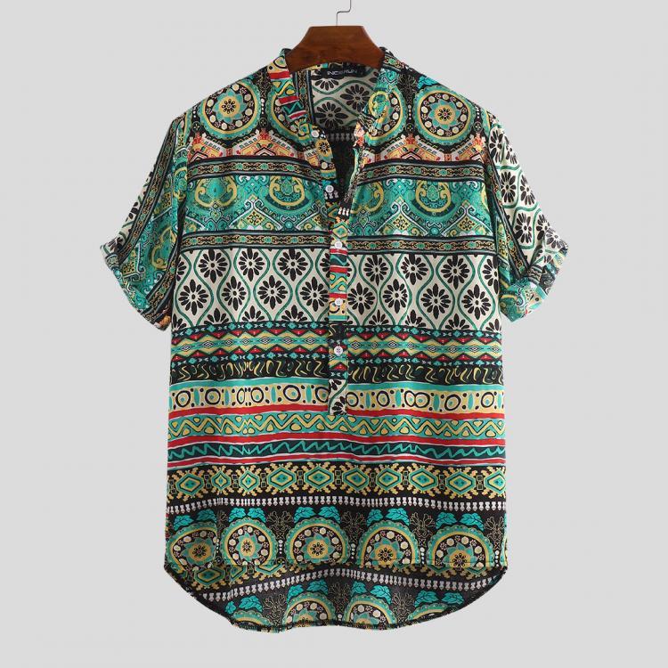 shopping חולצות וסוודרים Mens Ethnic Colorful Printed Turn Down Collar Casual Henley Shirts