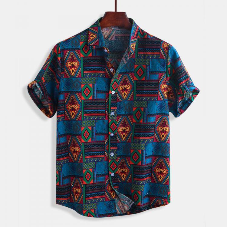 shopping חולצות וסוודרים Mens Summer Colorful Plaid Printing Buttons Fly Short Sleeve Casual Shirts