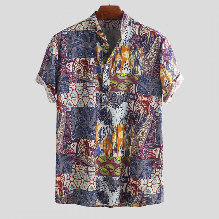 shopping חולצות וסוודרים Mens Vintage Splicing Summer Thin Casual Loose Printing Henley Shirts