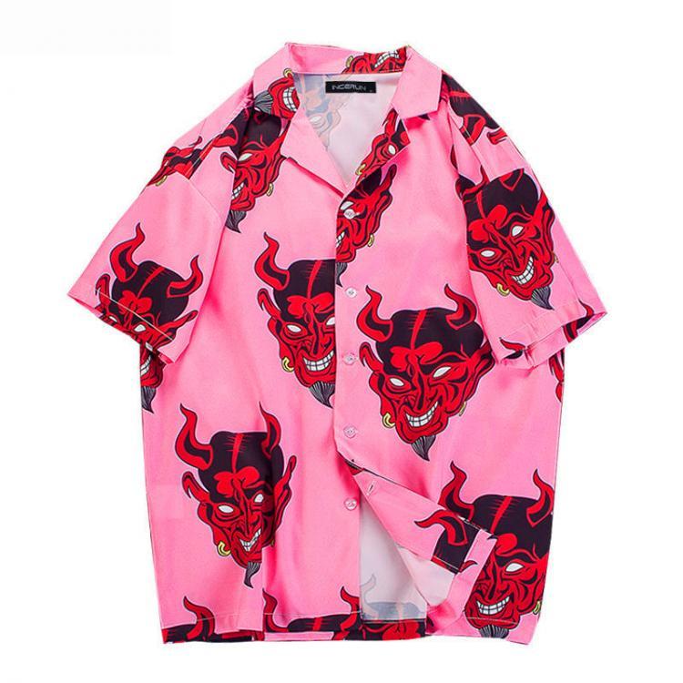 shopping חולצות וסוודרים Men Devil Print Relaxed Short Sleeve Revere Shirts