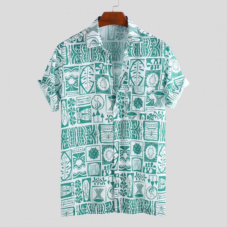 shopping חולצות וסוודרים Mens Summer Floral Printed Chest Pocket Turn Down Collar Short Sleeve Loose Casual Shirts
