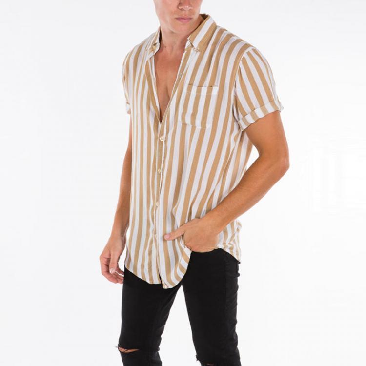 shopping חולצות וסוודרים Men Vertical Stripe Turn-down Collar Short Sleeve Shirts