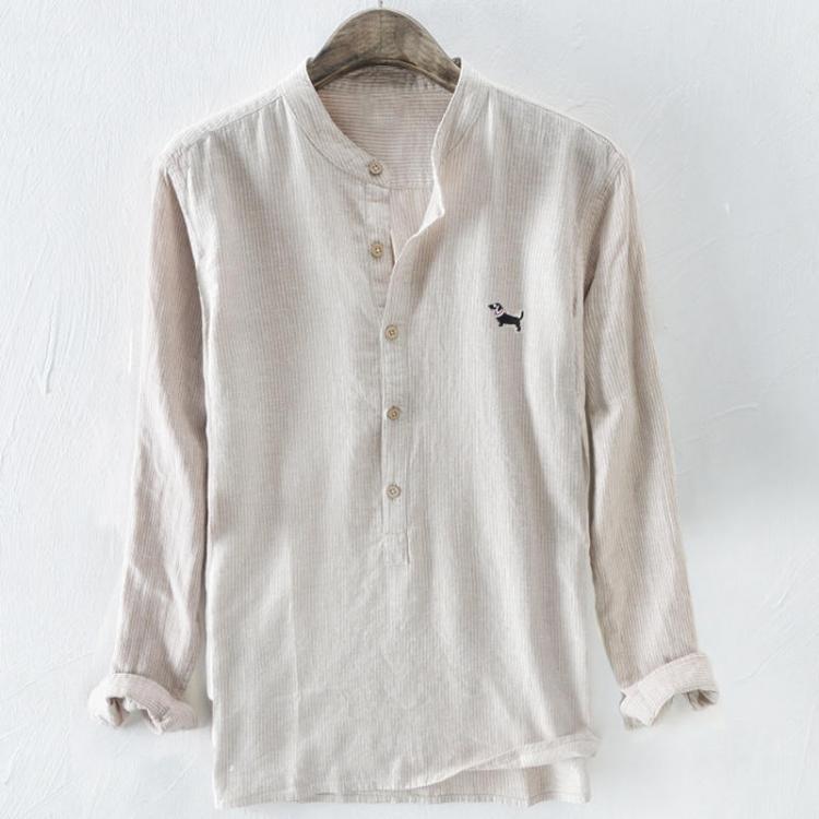 shopping חולצות וסוודרים TWO-SIDED Dog Embroidery Cotton Breathable Striped Loose Casual Men Buttons Shirts