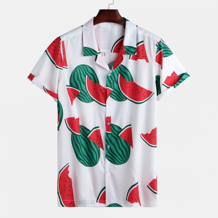 shopping חולצות וסוודרים Men Watermelon Print Short Sleeve Hawaiian Revere Shirts