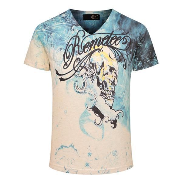 shopping חולצות וסוודרים 3D Printing Summer Skull Printed Shirt Tide Mens V-neck Blue White T-shirts