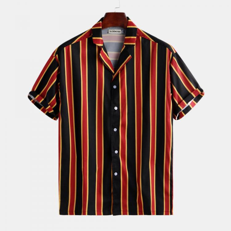 shopping חולצות וסוודרים Mens Contrast Color Stripe Printed Short Sleeve Summer Holiday Shirts