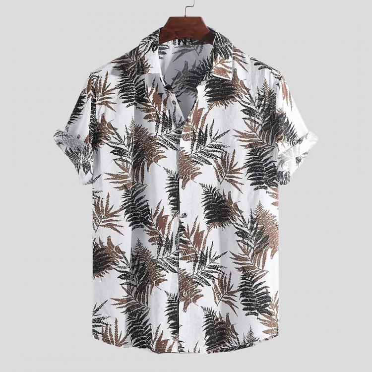 shopping חולצות וסוודרים Men Hawaiian Leaf Printed Cotton Short Sleeve Loose Shirts