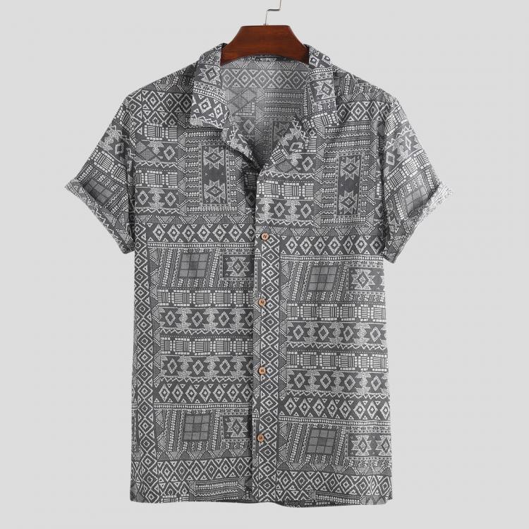 shopping חולצות וסוודרים Men Ethnic Pattern Print Short Sleeve Hawaiian Shirts