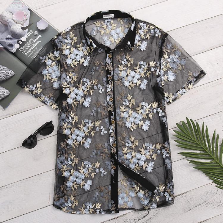 shopping חולצות וסוודרים Mens Slim Openwork Embroidered Plus Size Short Sleeve Shirts
