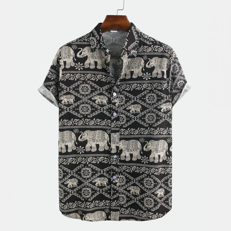 shopping חולצות וסוודרים Mens Ethnic Elephant Printed Short Sleeve Casual Shirts