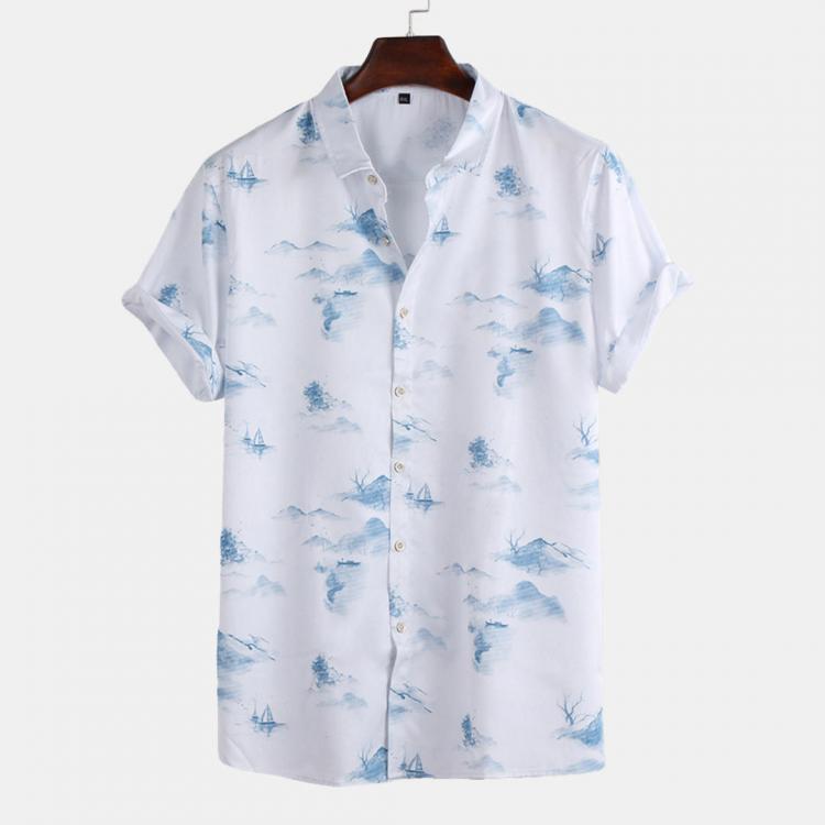shopping חולצות וסוודרים Unisex Summer Landscape Printed Chinese Style Turn Down Collar Casual Shirts