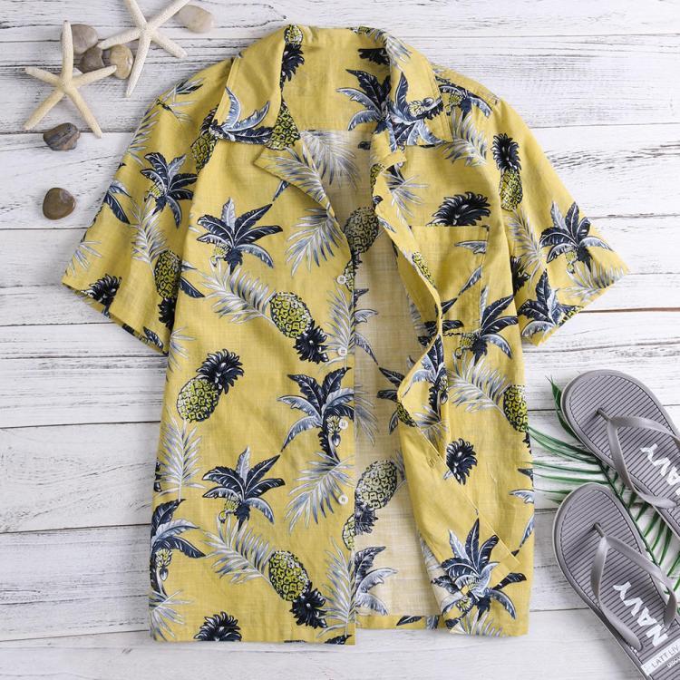 shopping חולצות וסוודרים TWO-SIDED Mens Eye-Catching Breathable Loose Pineapple Printing Cotton Beach Shirts