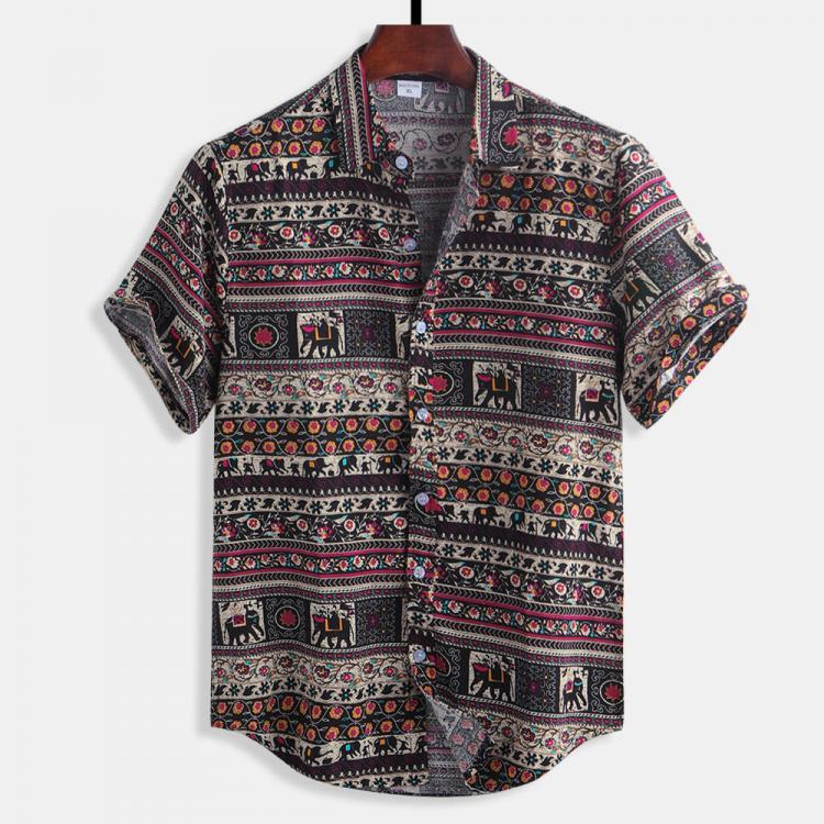shopping חולצות וסוודרים Mens Summer Floral Printing Cotton National Loose Fit Short Sleeve Casual Shirts