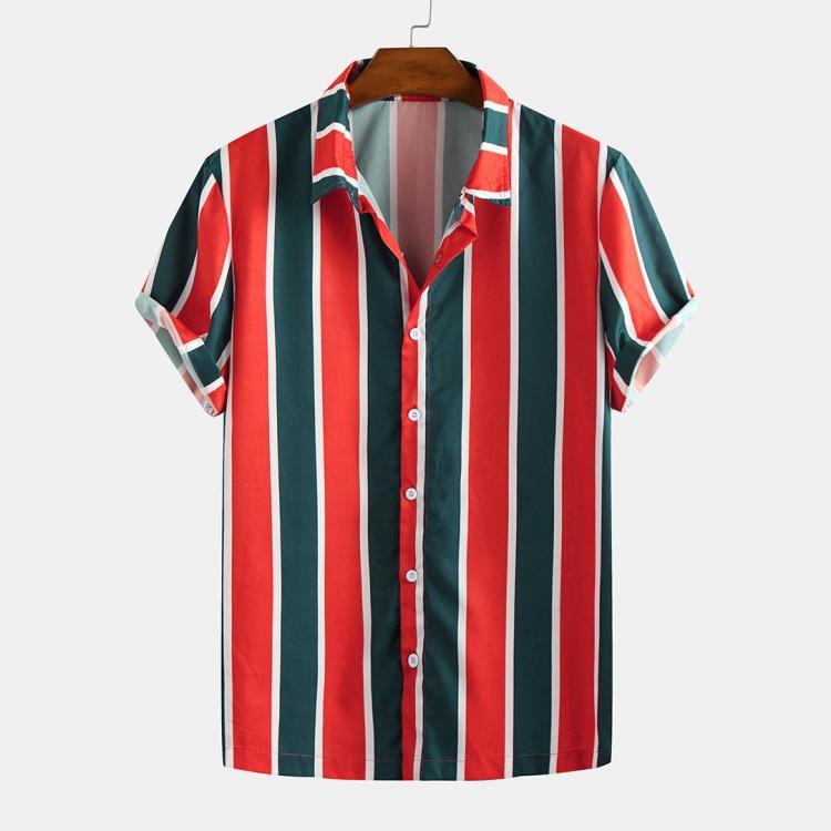 shopping חולצות וסוודרים Mens Summer Hit Color Stripe Turn Down Collar Casual Shirts