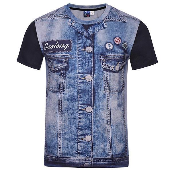shopping חולצות וסוודרים Mens Fashion Creative 3D Denim Jacket Printed T-Shirts Casual O-neck Short Sleeve Tops Tees