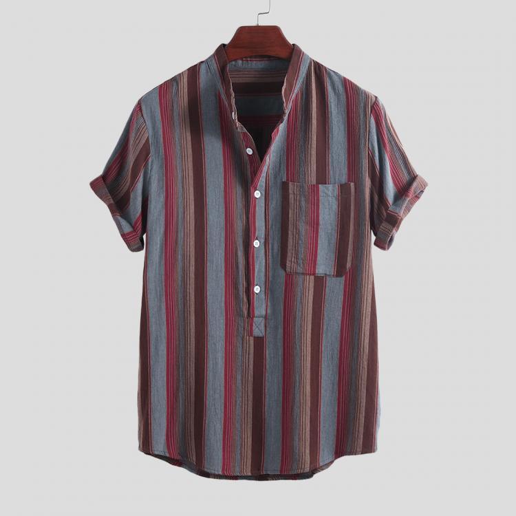 shopping חולצות וסוודרים Mens 100% Cotton Practical Pocket Stripe Short Sleeve Loose Casual Shirts