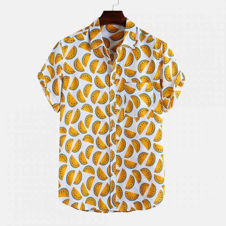 shopping חולצות וסוודרים Men Watermelon Pattern Printed Chest Pocket Short Sleeve Lapel Shirts