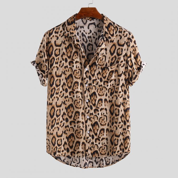 shopping חולצות וסוודרים Men Leopard Print Short Sleeve Relaxed Shirts