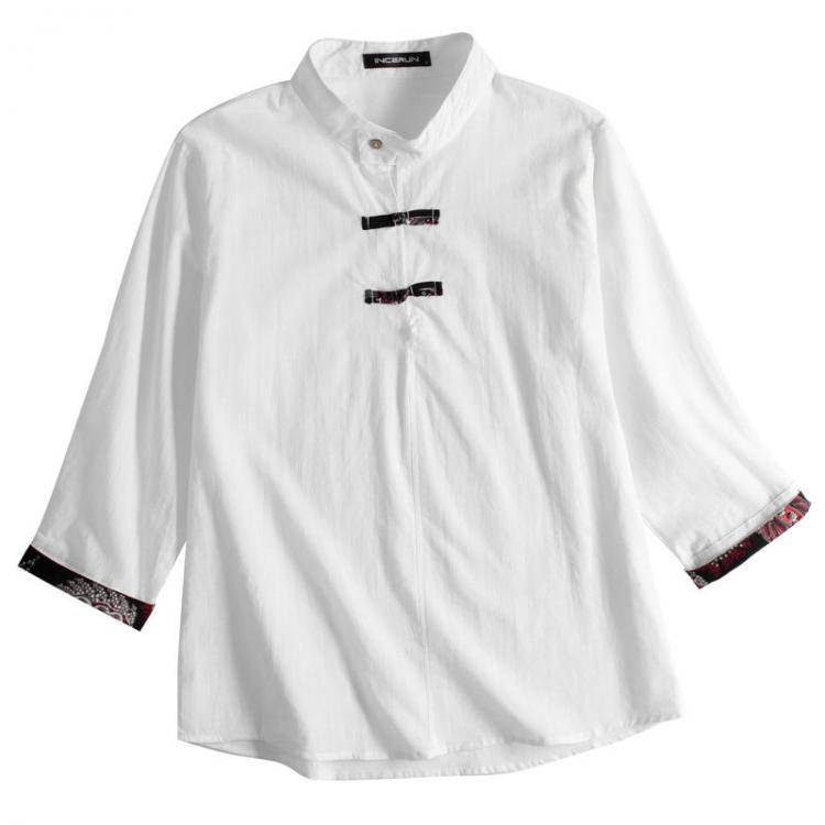 shopping חולצות וסוודרים INCERUN Mens Chinese Style Vintage 3/4 Sleeve Button Half-open Collar Causal Shirts