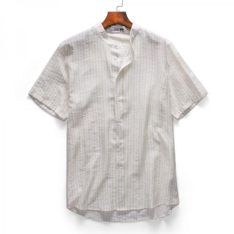 shopping חולצות וסוודרים Mens Vintage Stand Collar Stripe Short Sleeve Casual Shirts