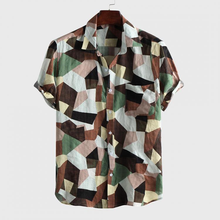 shopping חולצות וסוודרים Mens Fashion Color Block Printed Breathable Casual Shirts