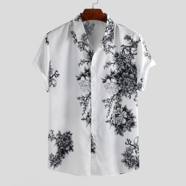 shopping חולצות וסוודרים Mens Chinese Style Porcelain Floral Printed Short Sleeve Turn Down Collar Casual Shirts