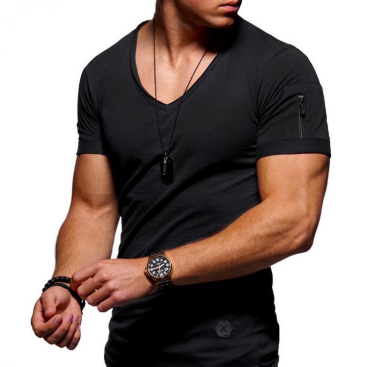 shopping חולצות וסוודרים Mens Zipper Design Breathable Solid Color O-neck Short Sleeve T-Shirts
