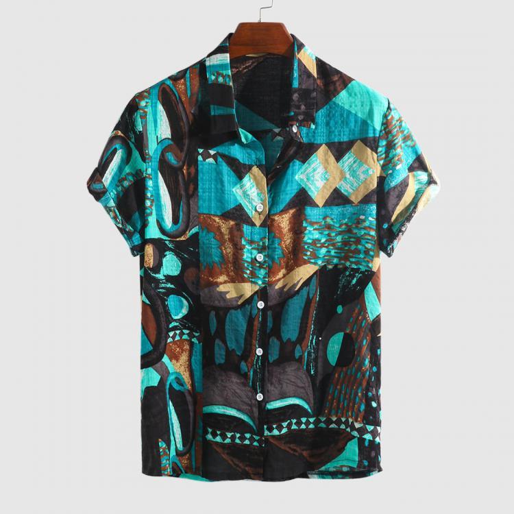 shopping חולצות וסוודרים ChArmkpR Men Island Printed Batik Stripe Short Sleeve Shirts