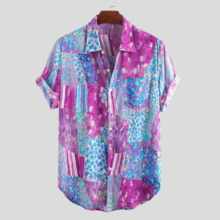 shopping חולצות וסוודרים Men Colorful Mix Pattern Short Sleeve Relaxed Shirts
