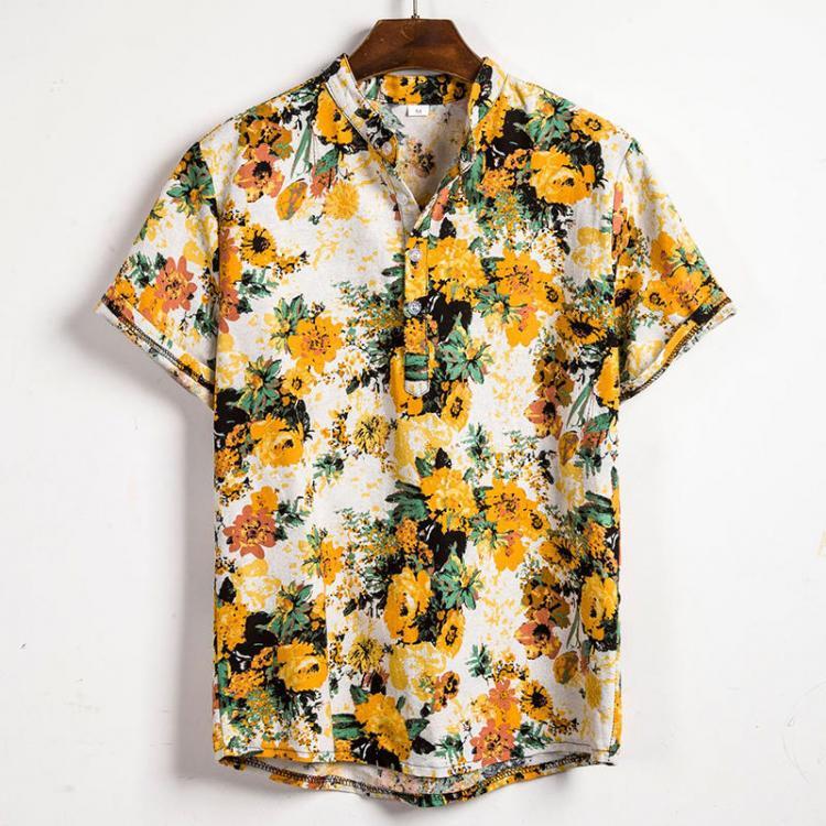 shopping חולצות וסוודרים Mens Summer Floral Printed Turn Down Collar Casual Shirts