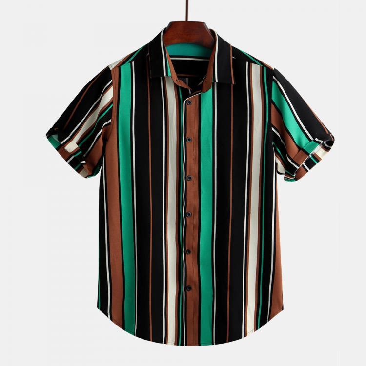 shopping חולצות וסוודרים Mens Fashion Colorful Symmetry Stripe Design Casual Short Sleeve Shirts