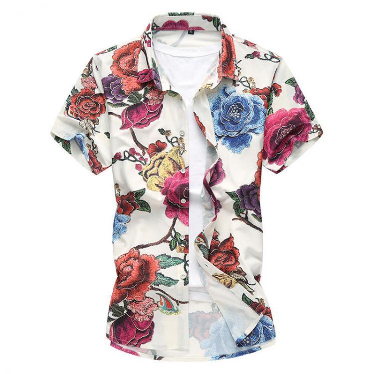 shopping חולצות וסוודרים Mens Plus Size Summer Loose Hawaiian Shirt Rose Printing Short Sleeve Casual Cotton Beach Shirts