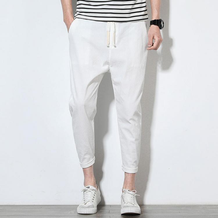 shopping מכנסיים Mens Summer Cotton Linen Solid Color Casual Straight Pants