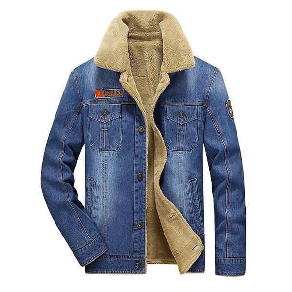 shopping מכנסיים Mens Thick Denim Turn-down Collar Multi Pocket Winter Fashion Casual Solid Color Coat