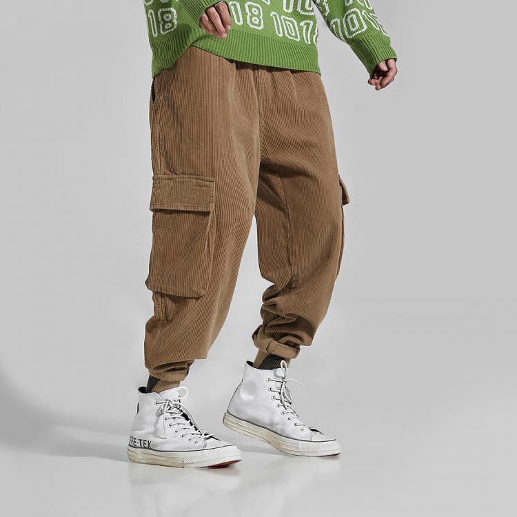 shopping מכנסיים Mens Retro Corduroy Multi Pockets Thick Loose Fit Solid Color Casual Pants