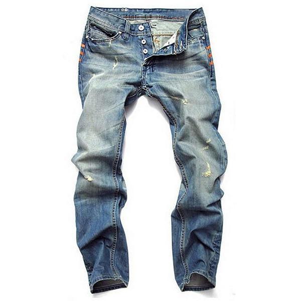 shopping מכנסיים Mens Vintage Holes Light Blue Straight Slim Button Fashion Jeans Denim Pants