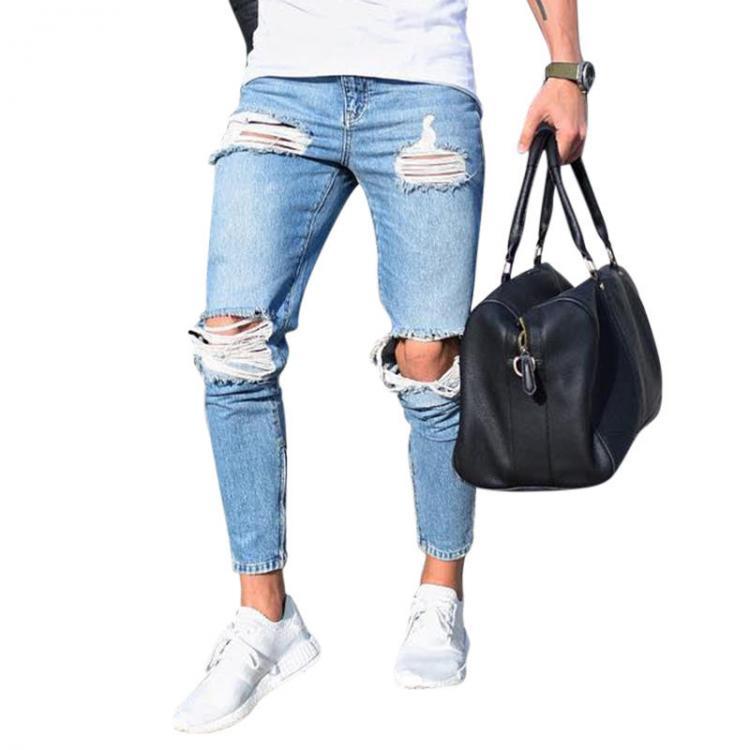 shopping מכנסיים Ripped Stylish Low Waist Skinny Washed Blue Jeans For Men