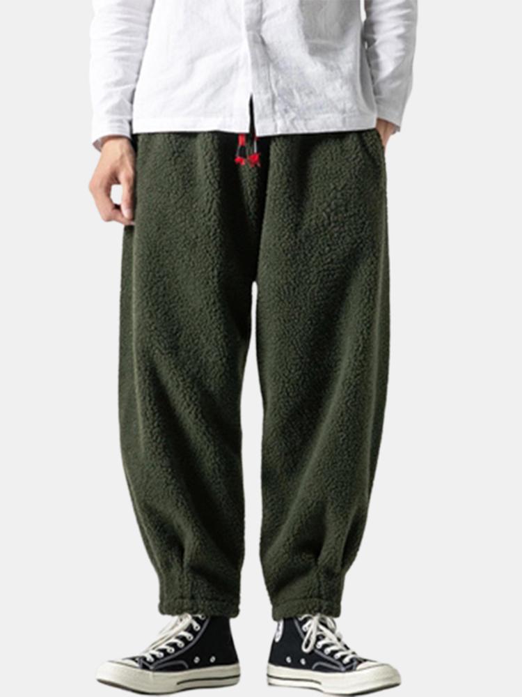 shopping מכנסיים Mens Fleece Warm Thickened Chinese Style Loose Drawstring Wool Harem Pants