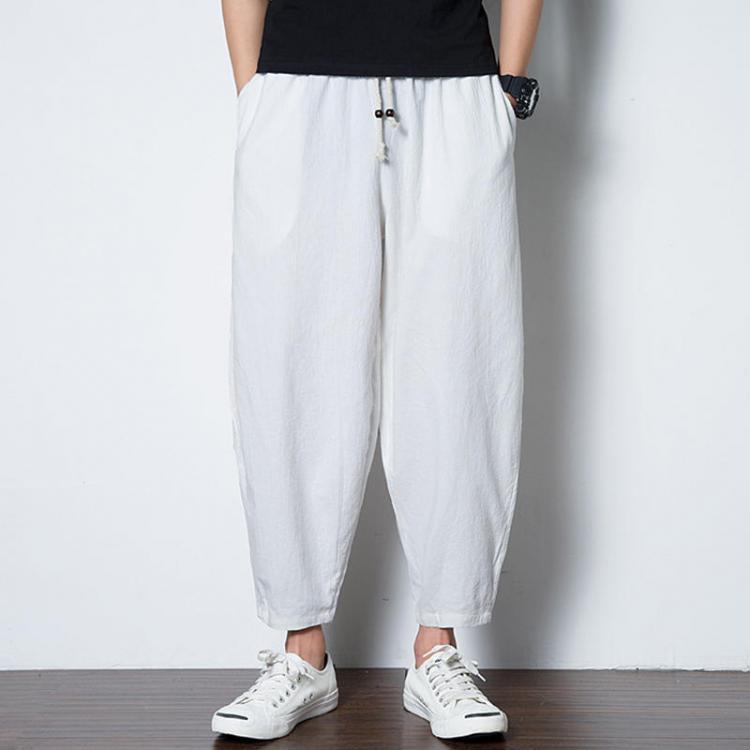 shopping מכנסיים Mens Cotton Linen Solid Color Baggy Drawstring Casual Harem Pants