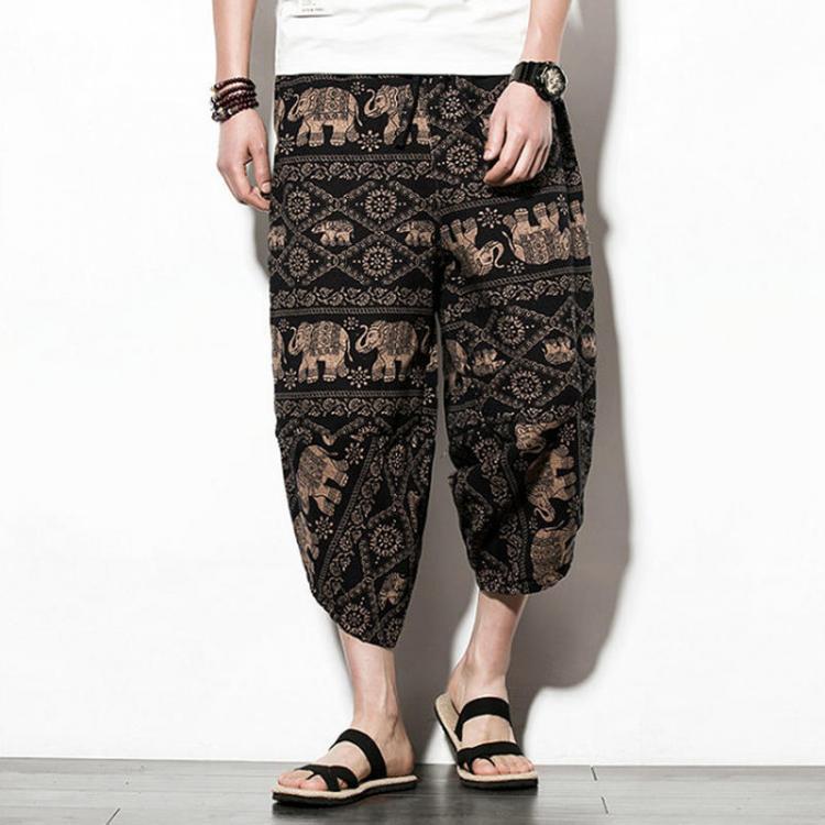 shopping מכנסיים Mens Ethnic Style Printed Calf Length Baggy Loose Drawstring Breathable Cotton Casual Pants