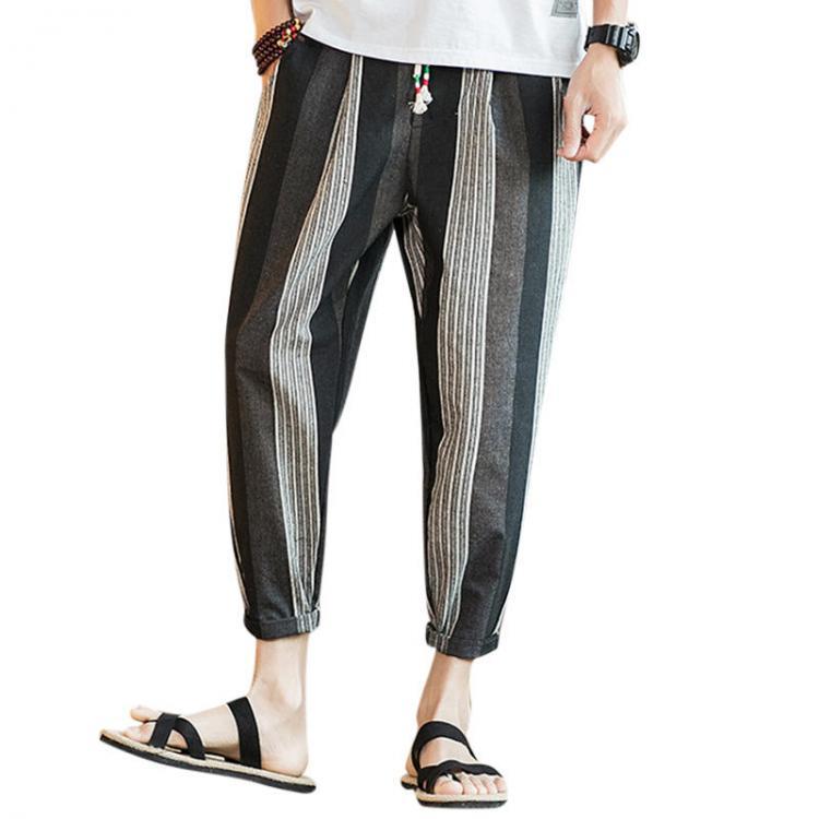 shopping מכנסיים Men's Casual Striped Printed Loose Harem Pants Breathable Linen Ankle-Length Pants