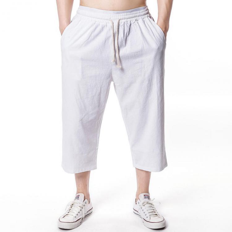 shopping מכנסיים Mens Beach Casual Baggy Linen Calf-Length Pants Solid Color Loose Pants