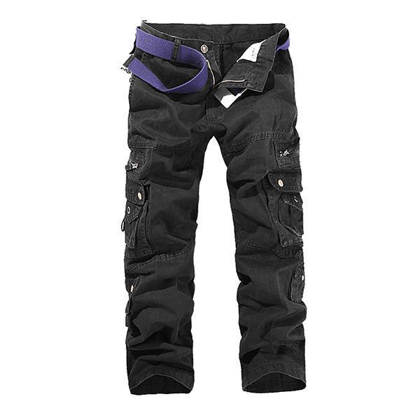 shopping מכנסיים Mens Solid Color Multi-Pockets 100%Cotton Casual Cargo Pants Outdoor Straight Trousers