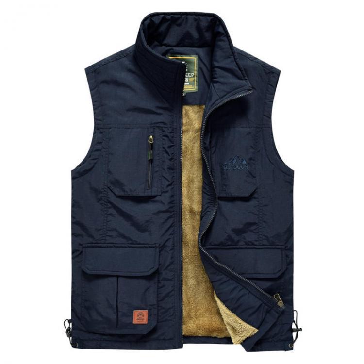 shopping מעילים וג׳קטים Mens Fleece Lining Thickened Warm Multi Pockets Solid Color Sleeveless Outdoor Vest
