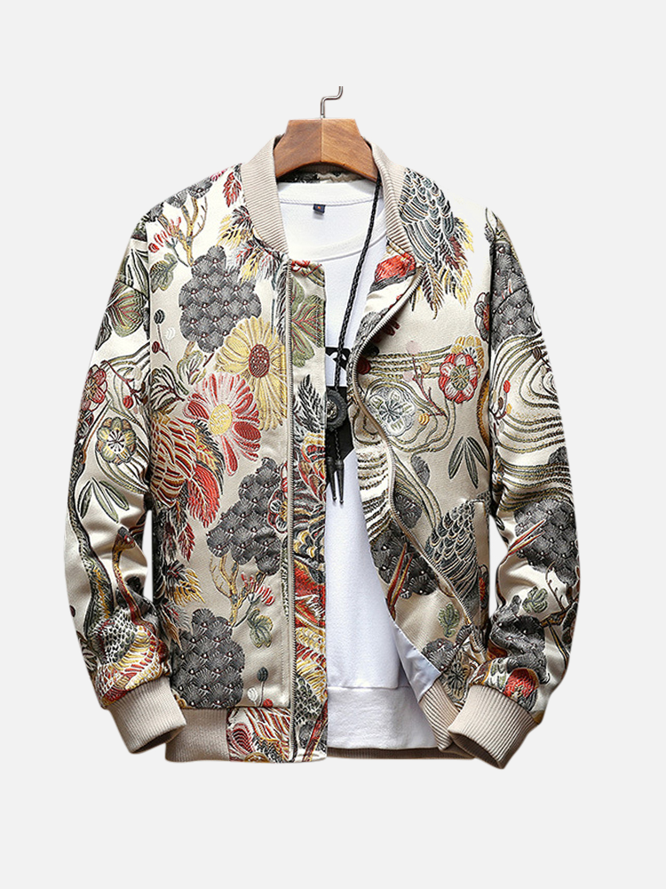 shopping מעילים וג׳קטים Mens Ethnic Style Crane Embroidered Floral Zipper Slim Fit Jacket