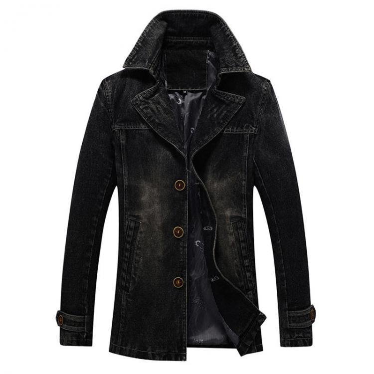 shopping מעילים וג׳קטים Mens Mid-long Denim Turn Down Collar Stylish Casual Business Windreaker Jacket