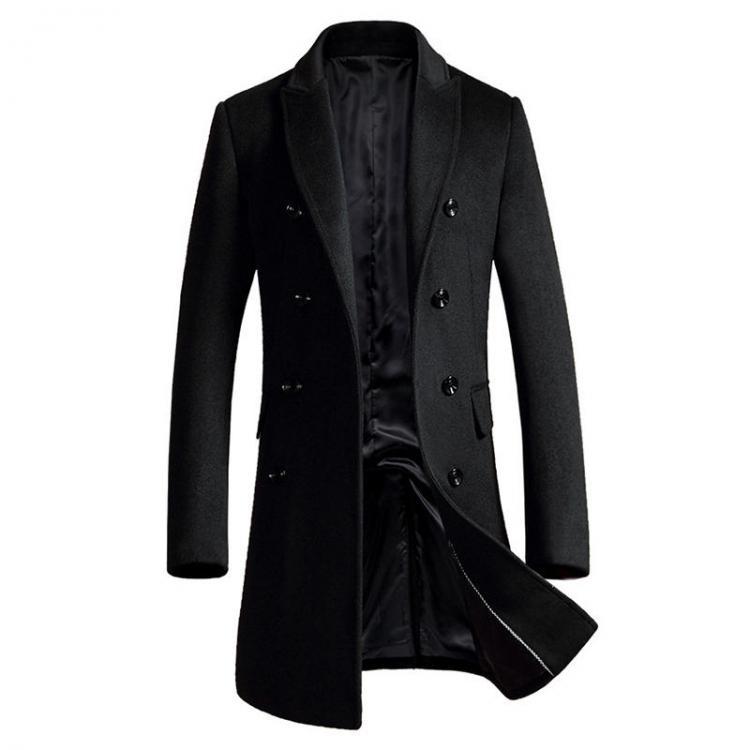 shopping מעילים וג׳קטים Mens Mid Long Slim Woolen Overcoat Thick Warm Double-breasted Stylish Trench Coat